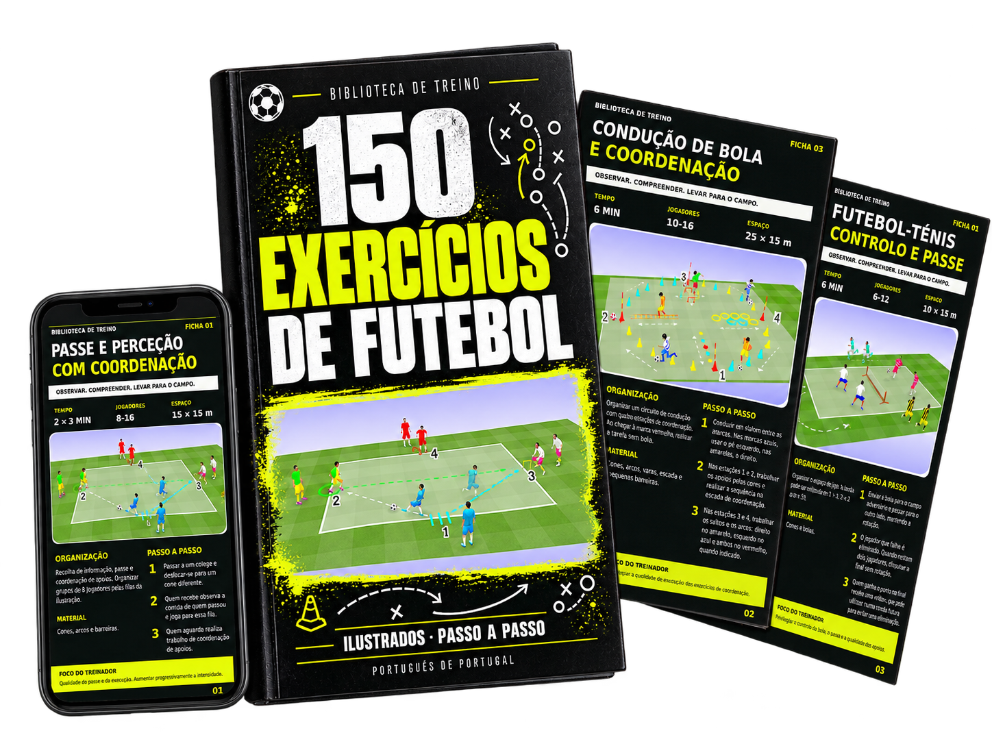 Mockup dos 150 Exercícios de Futebol: capa preta e verde-lima, fichas ilustradas e consulta no telemóvel